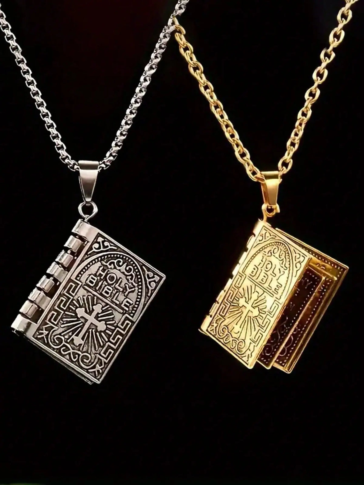 1 pc Vintage Holy Bible Pendant Necklace for Men &amp; Women – Polished Alloy Christian Cross Book Necklace, Opening Bible Locket Pendant, Gold &amp; Silver Religious Jewelry Gift