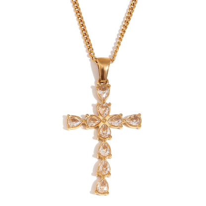 Stainless Steel 18K Gold Plated Water Drop Heart-shaped Cross Pendant Necklace